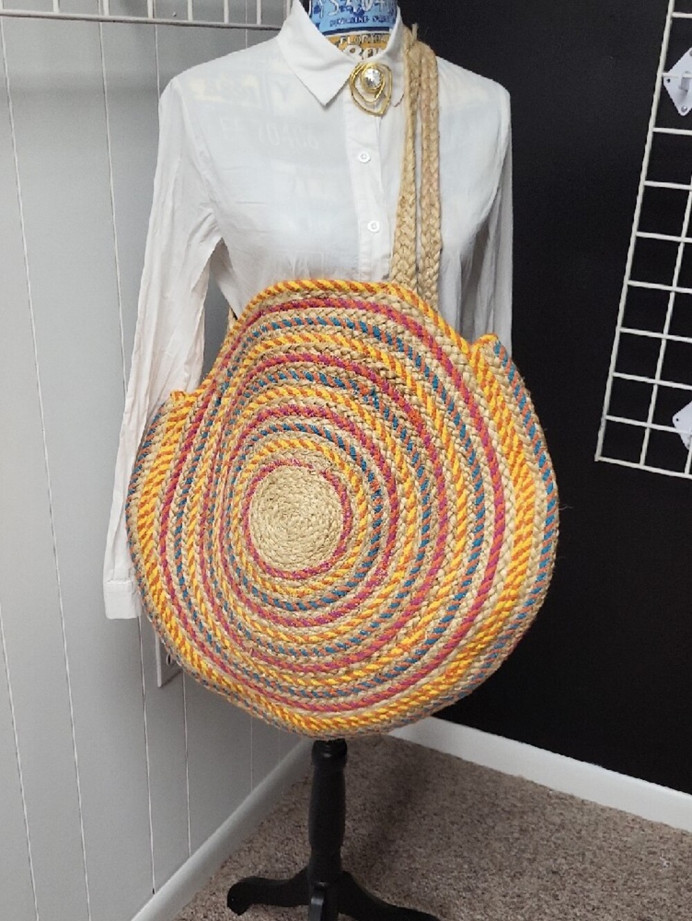 Magid Woven Round Jute Tote Bag in Natural Multi-Color